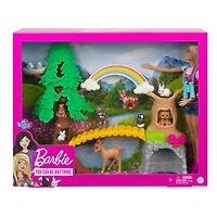 Barbie Wilderness Guide Interactive Playset with Barbie Doll (12-in/30.40-cm), Outdoor Tree, Bridge, Overhead Rainbow, 10 Animals & More