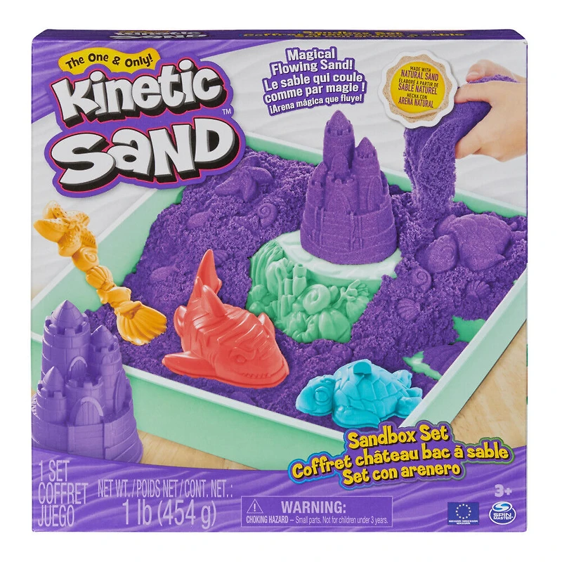 Kinetic Sand, Coffret Bac à sable, 454 g de sable violet, bac à sable, 4 moules et outils, jouets sensoriels