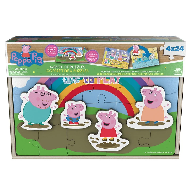 Peppa Pig, 24-Piece Jigsaw Puzzles 4-Pack Bundle with 8 Interchangeable Peppa Pig Character Pieces and Wooden Slide Box