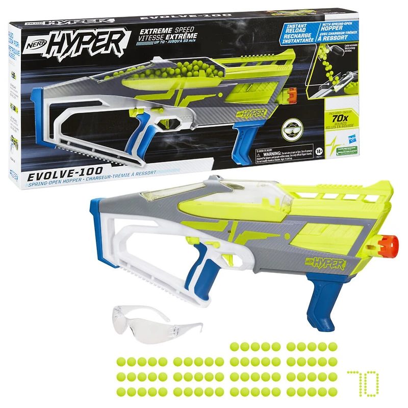 Nerf Hyper, blaster Evolve-100, 70 billes en mousse Nerf Hyper, chargeur-trémie à chargement instantané, jusqu'à 33,5 m/s, lunettes incluses