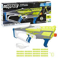 Nerf Hyper, blaster Evolve-100, 70 billes en mousse Nerf Hyper, chargeur-trémie à chargement instantané, jusqu'à 33,5 m/s, lunettes incluses