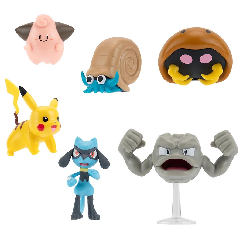 Pokémon Figurine de combat Multipaquet - paquet de 6 - Pikachu no 1, Mélo (Cleffa), Riolu, Racaillou (Geodude) avec support, Amonita (Omanyte), Kabuto