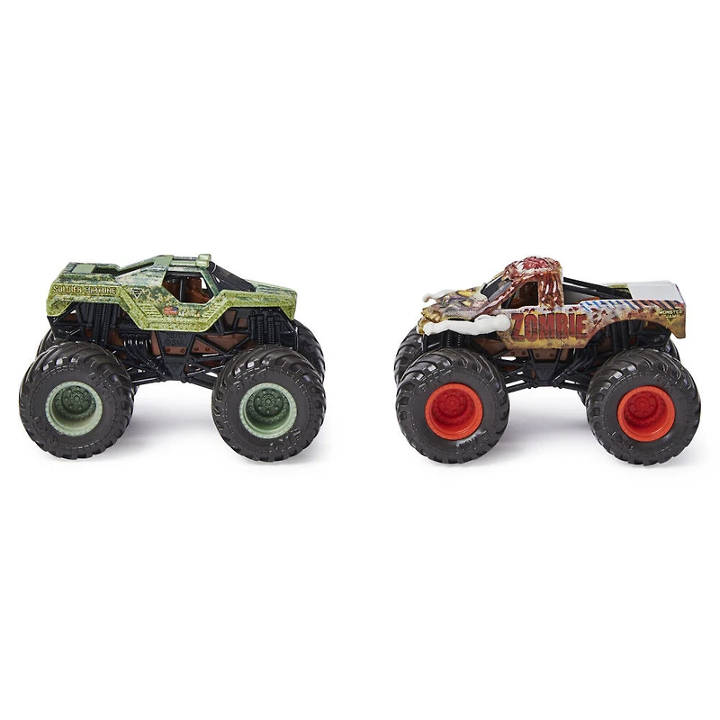Monster Jam, Coffret de 2 monster trucks officiels en métal moulé Soldier Fortune Black Ops vs Zombie qui changent de couleur, échelle 1:64