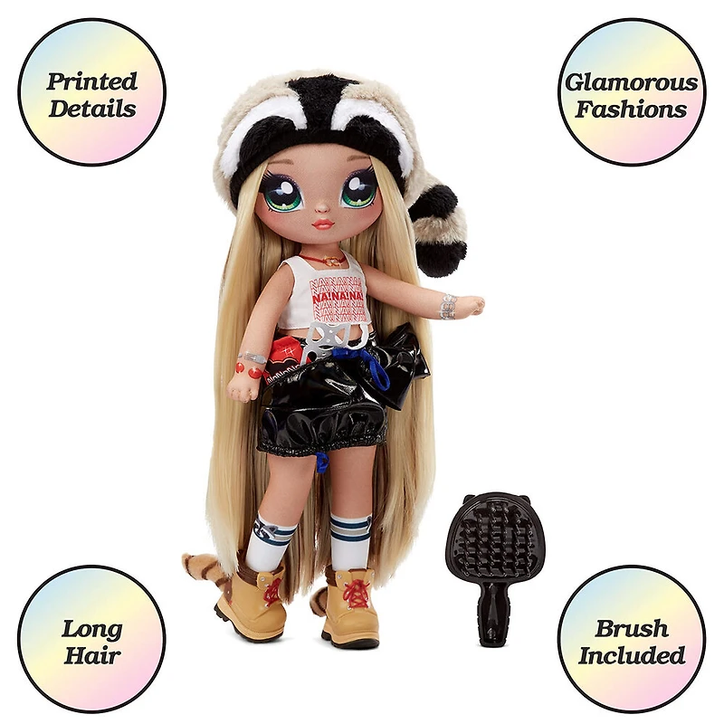 Na Na Na Surprise Teens Fashion Doll - Gretchen Stripes, 11" Blonde Soft Fabric Doll, Raccoon Inspired