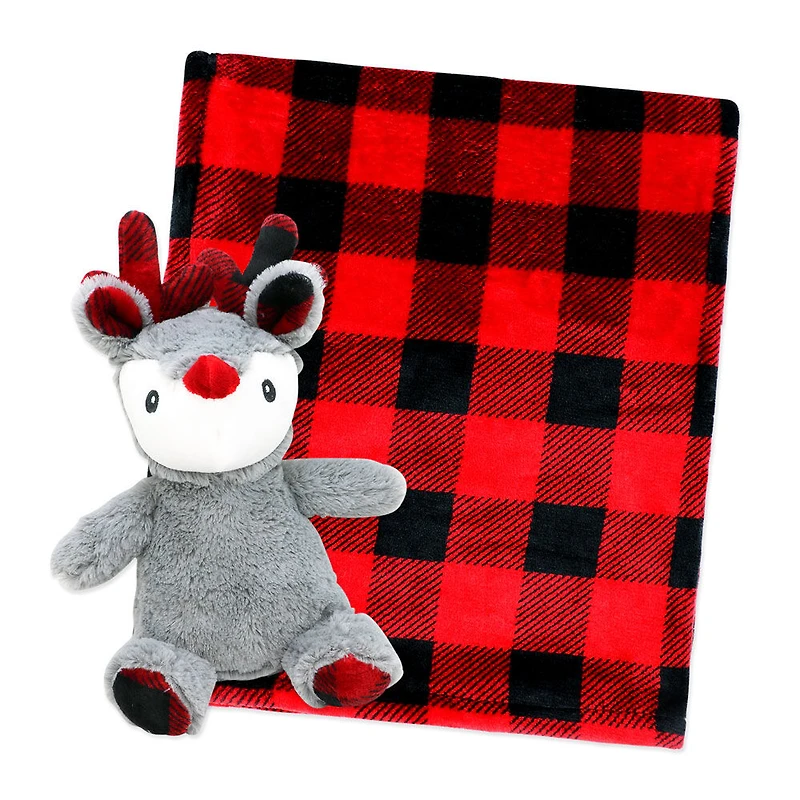 Baby Mode Signature Check Blanket with Reindeer Plush Toy, 2 Piece Set