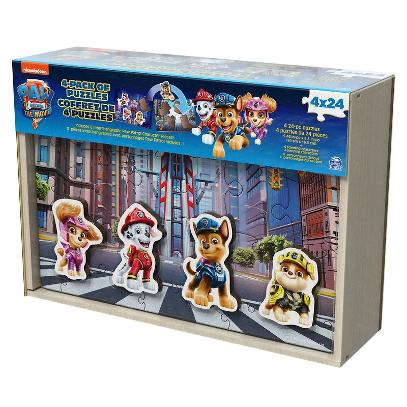 PAW Patrol: The Movie, 4-Pack of Wooden Puzzles, 24-Piece Jigsaw Toy Gift Set with Interchangeable Characters