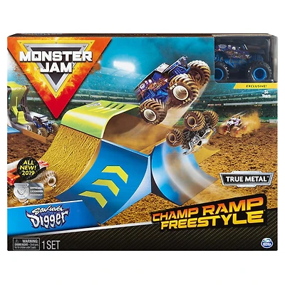 Monster Jam, Coffret Champ Ramp Freestyle officiel avec monster truck exclusif Son-uva Digger en métal moulé à l'échelle 1:64