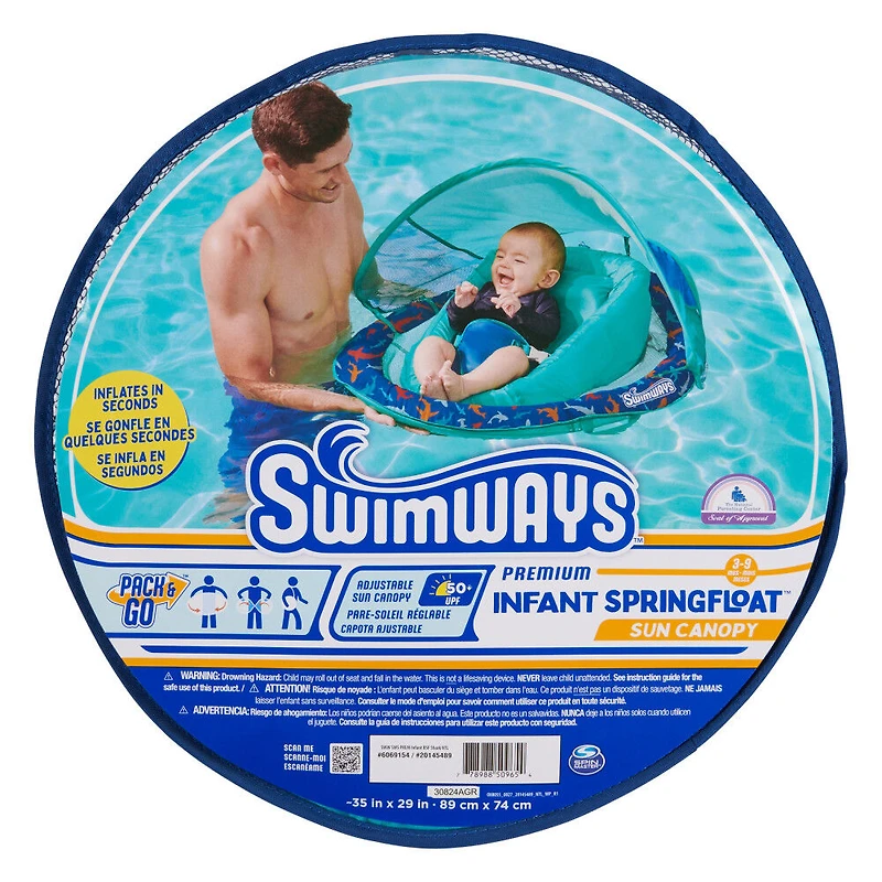 Swimways, Bouée gonflable et pare-soleil Infant Spring Float, pour bébés de 3 à 9 mois, requins