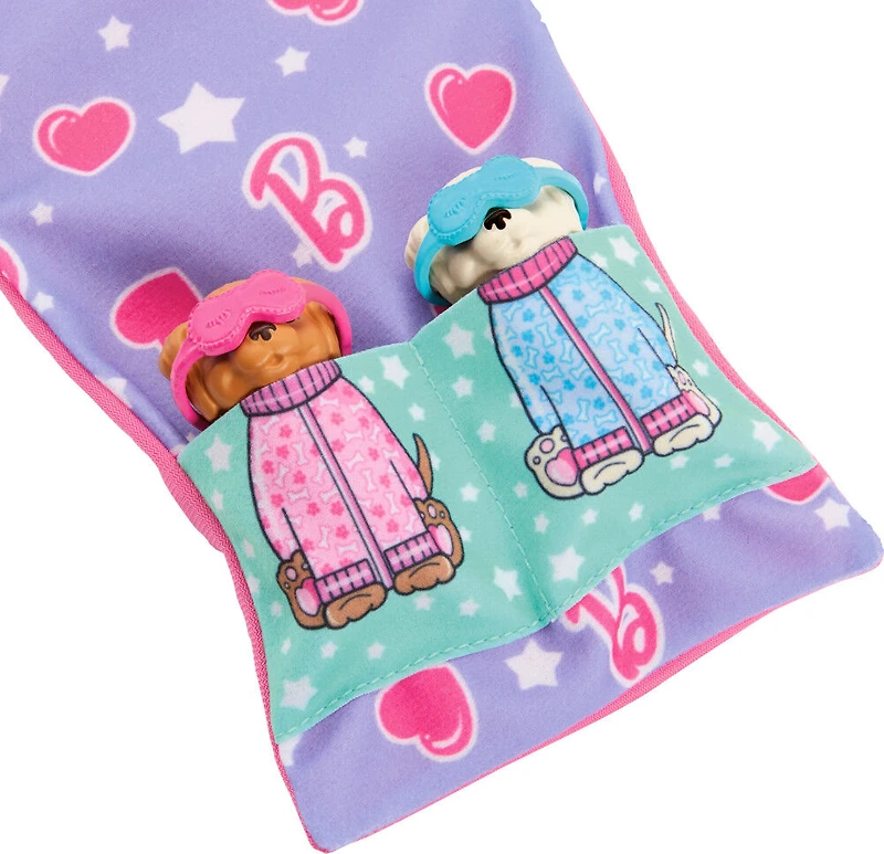 Barbie-Soirée Pyjama Chiots-Coffret poupée, 2chiots, 11accessoires