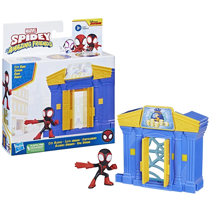 Marvel Spidey and His Amazing Friends City Blocks Miles Morales: Spider-Man City Bank, Kids Playset with Action Figure