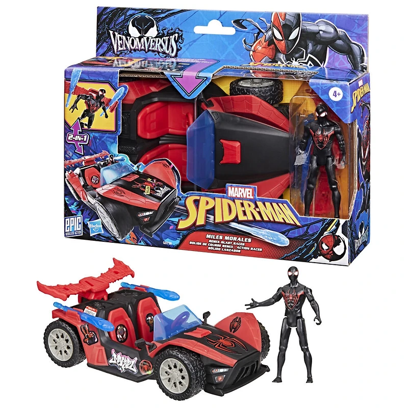 Marvel Spider-Man VenomVersus Epic World of Action Miles Morales Bolide de course Remix, figurine et voiture, jouets de super-héros, dès 4 ans
