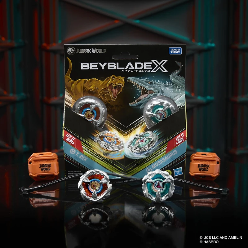 Collaboration Beyblade X Jurassic World T. Rex contre Mosasaurus, multipack