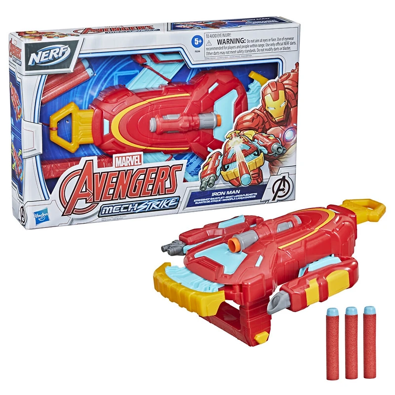 Marvel Avengers Mech Strike, Gant lance-fléchette de Iron Man, jouet de déguisement, 3 fléchettes NERF