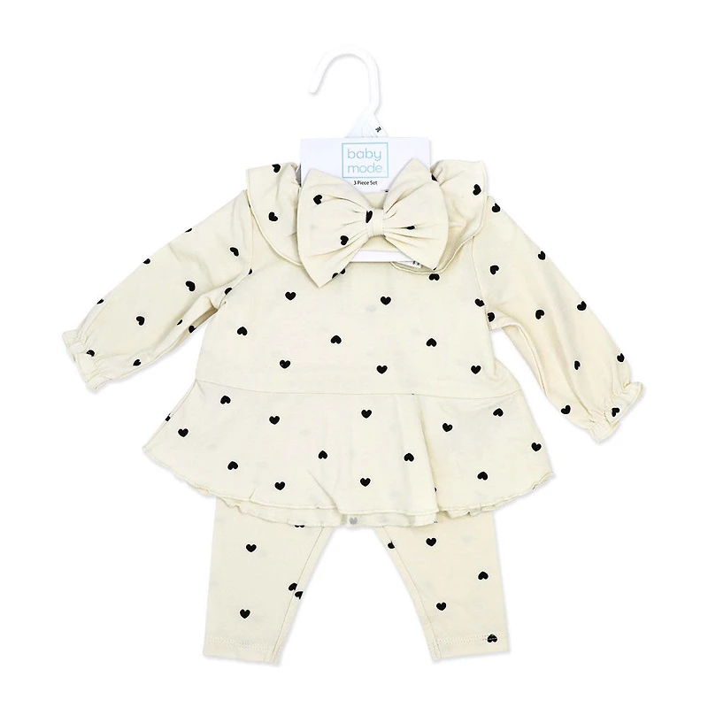 Baby Mode 3 Piece Legging and Headband Set: Cream Heart 3M