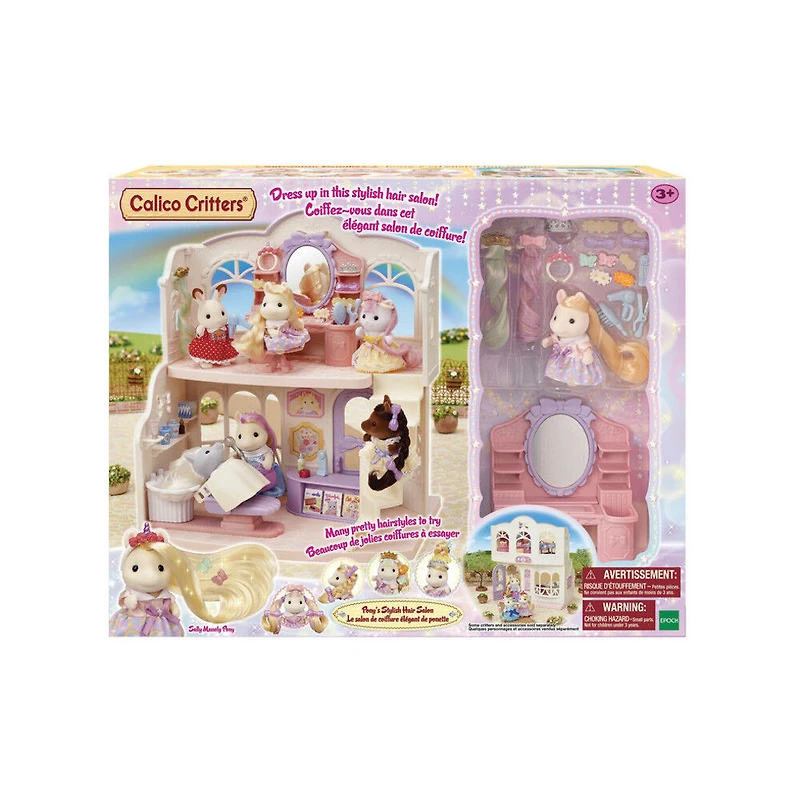 Salon de coiffure élégant de Calico Critters Pony, ensemble de jeu de maison de poupée avec figurine et accessoires