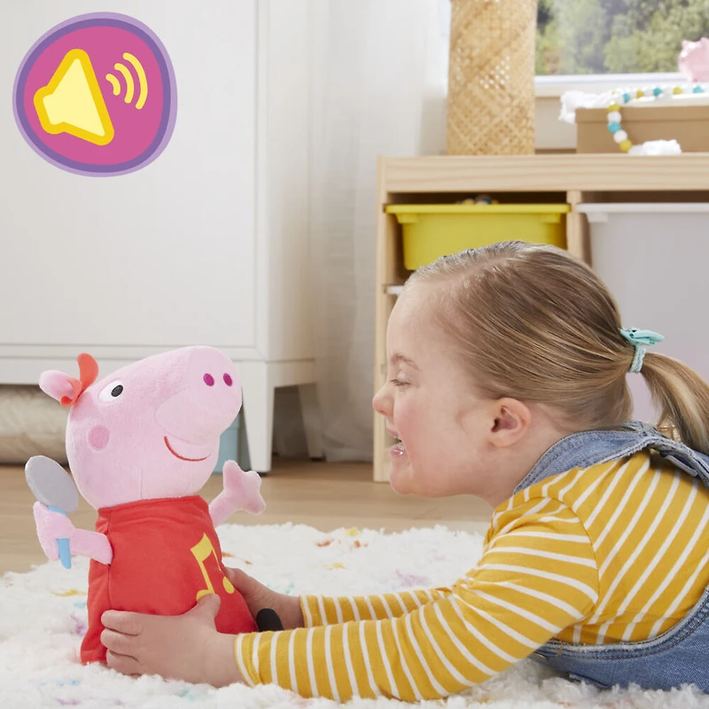 Peppa Pig Peppa chante, peluche chantante avec robe rouge pailletée et boucle, chante 3 chansons