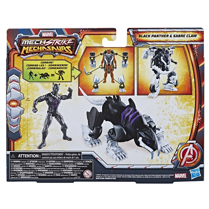 Marvel Mech Strike Mechasaurs, figurine Black Panther de 10 cm avec Sabre Claw Mechasaur, jouet de super-héros