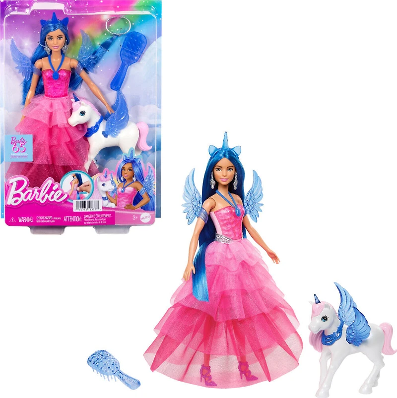 Barbie 65anniversaire Poupée et animal Licorne ailée, ch. bleus