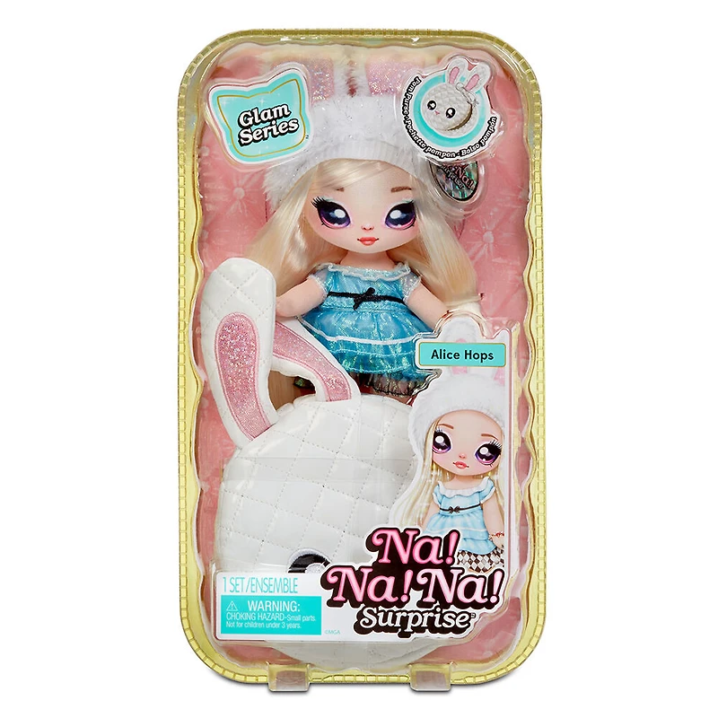 Poupée-mannequin Na Na Na Surprise 2 en 1 et sac à main métallique de la série Glam - Alice Hops, poupée blonde avec robe bleu chatoyante et oreilles de lapin avec le sac à main lapin blanc