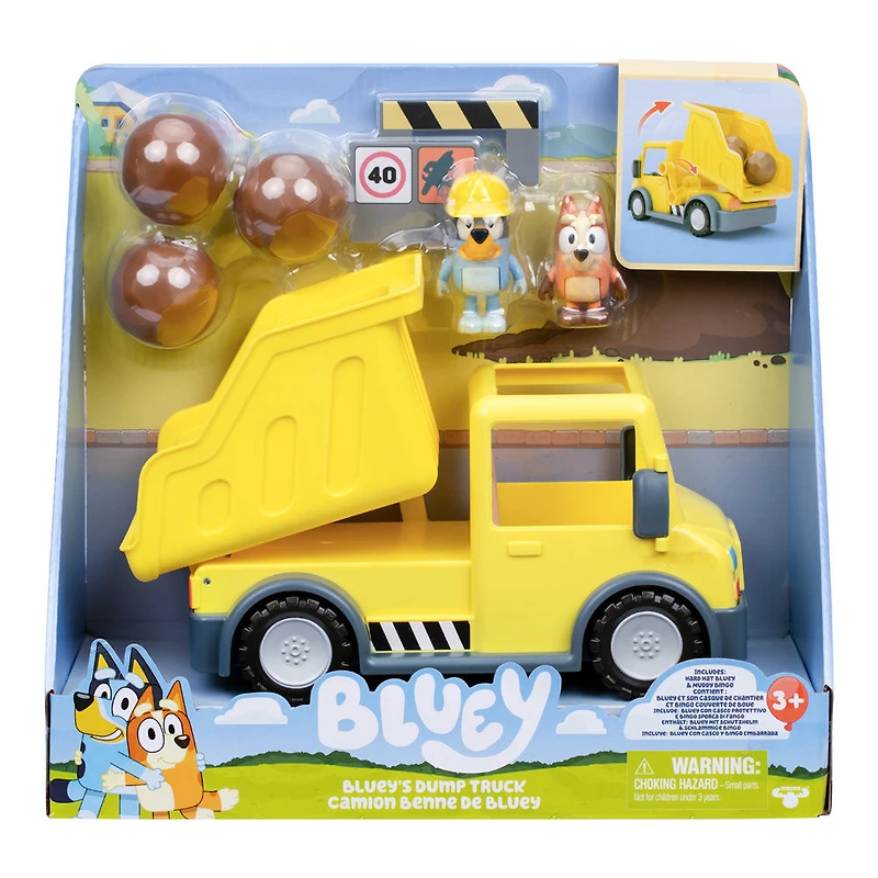 Camion à benne basculante de Bluey avec casque de sécurité exclusif Bluey et figurines Muddy Bingo