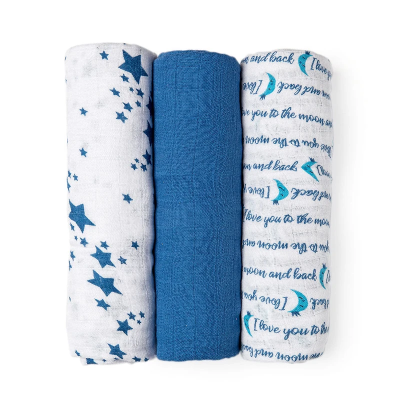 Jesse + Lulu Blue Galaxy Cotton Muslin Swaddle Blanket - Set Of 3