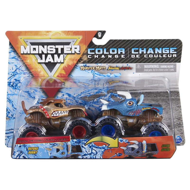 Monster Jam, Monster trucks Monster Mutt vs. Jurassic Attack officiels qui changent de couleur en métal moulé, échelle 1:64