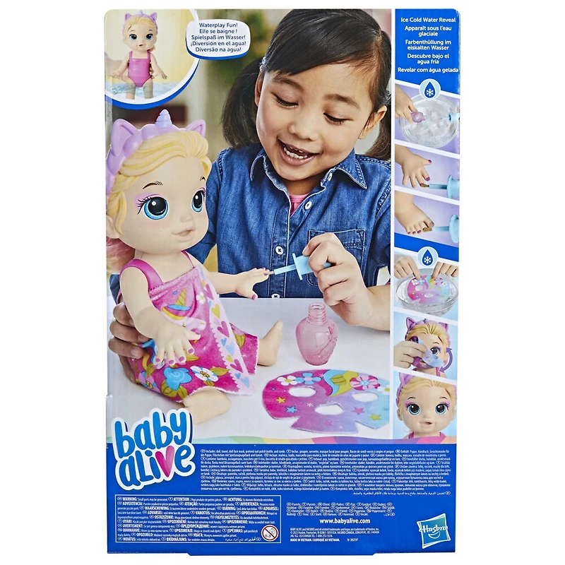 Baby Alive poupée Bébé beauté 32,5 cm à baigner, thème licorne, maquillage et ongles magiques, cheveux blonds, enfants
