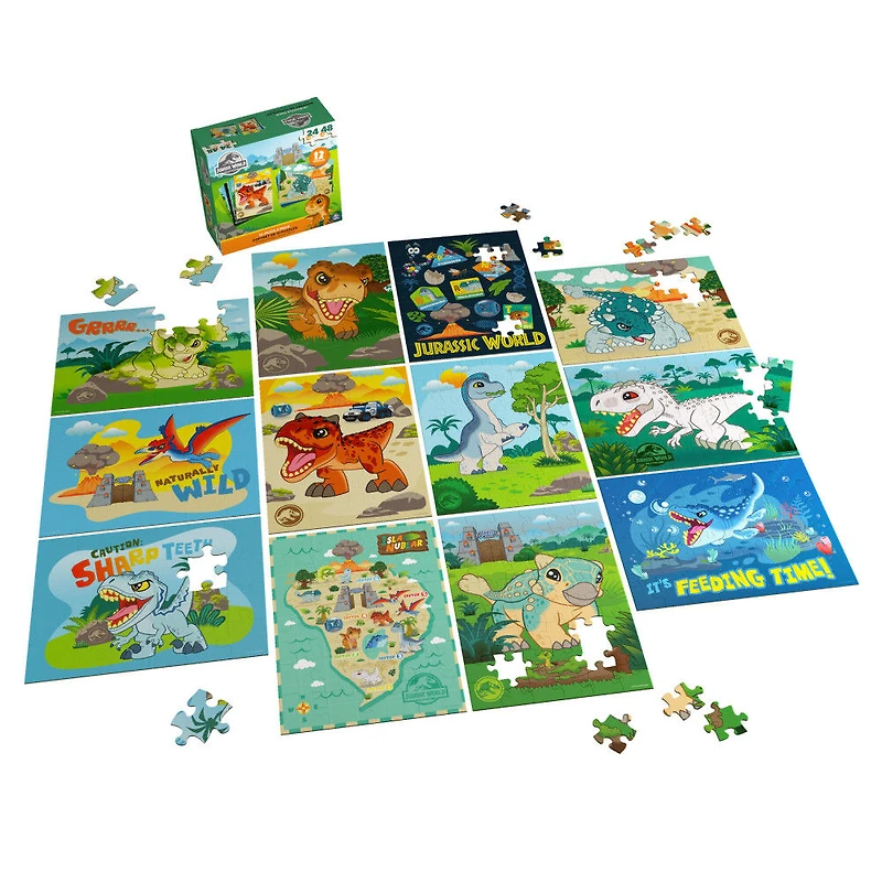 Jurassic World, Coffret de 12 puzzles de 24 pièces et 48 pièces pour enfants, puzzles dinosaure