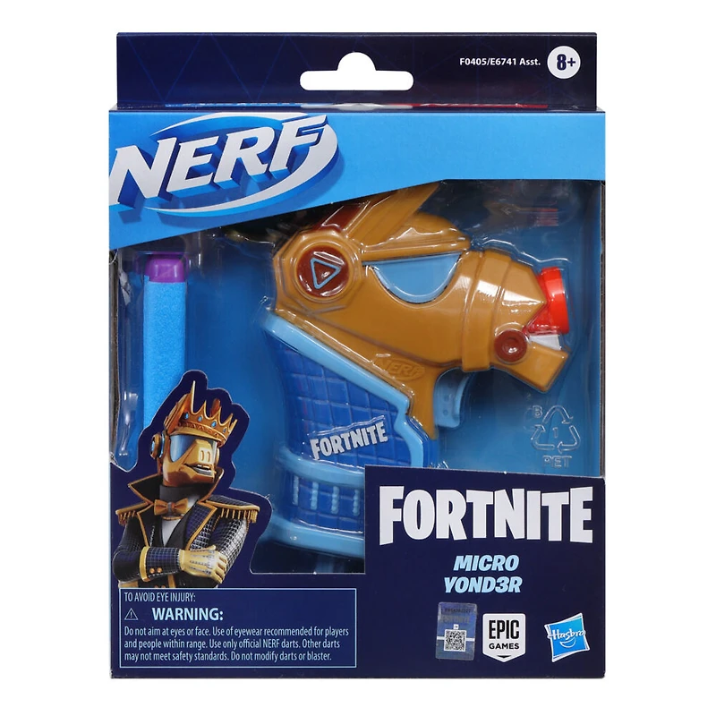 Nerf Fortnite Micro Y0nd3r, mini-blaster à fléchettes, inspiré du modèle Y0nd3r de Fortnite, inclut 2 fléchettes Nerf et couronne amovible