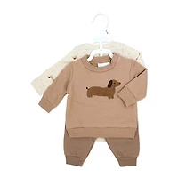 Baby Mode 3 Piece Fleece Jogger Set:Brown Dog  12M