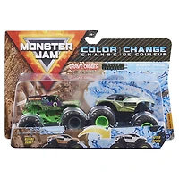 Monster Jam, Coffret de 2 monster trucks officiels en métal moulé Grave Digger vs. Alien Invasion qui changent de couleur, échelle 1:64