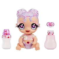 Poupon GLITTER BABYZ Lila Wildboom avec 3 changements de couleur magiques / poupée aux cheveux lavande avec des fleurs sur la tenue et couche réutilisable, biberon et sucette