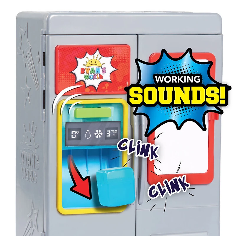 Frigo Surprise de Ryan Chef de Ryan's World, Sons et Lumières, Tableau Effaçable à Sec et Aliments pour Jouer, Paquets Surprises de Figurines, Boue, et Bien d'Autres !