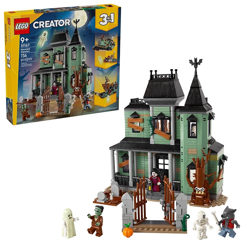 LEGO Creator 3en1 Le Manoir Hanté, Jouet à Construire, Transformable en Bateau ou en Train 31167