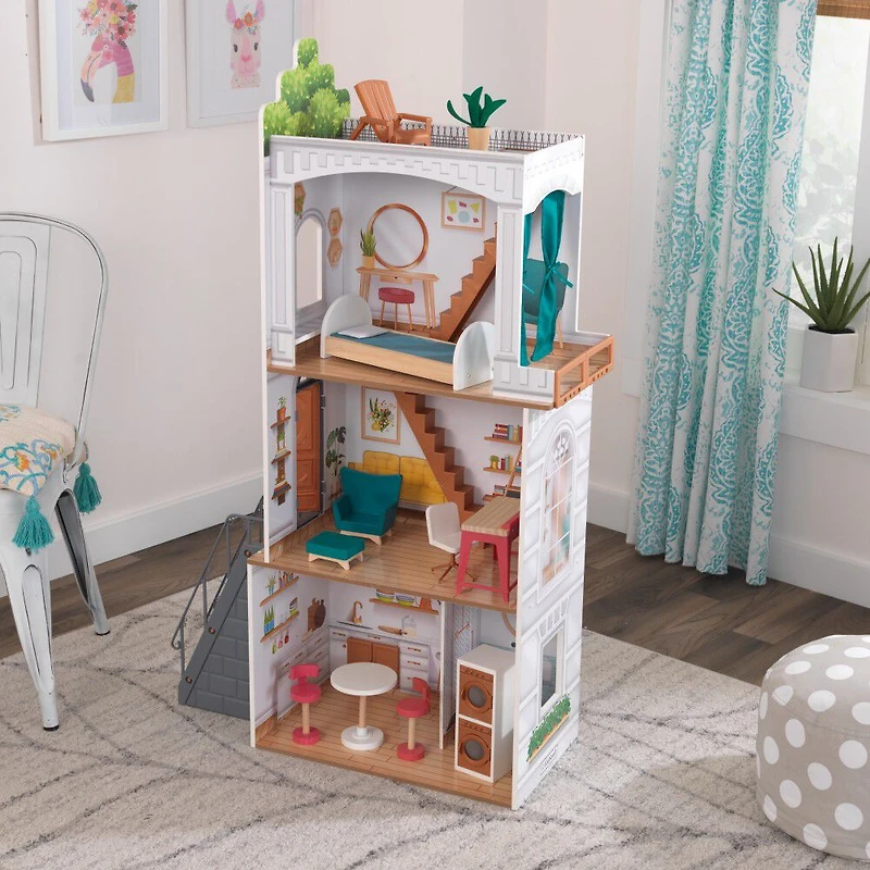 KidKraft Maison de poupées en bois Rowan avec terrasse et 13 accessoires