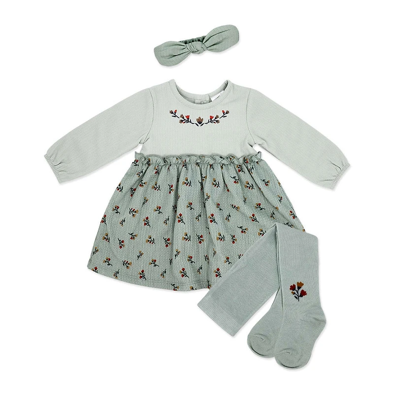 Baby Mode Ensemble 3 pièces en tricot froissé : motif floral vert