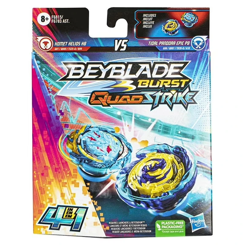 Beyblade Burst QuadStrike Dual Pack, pack de 2 toupies de compétition Komet Helios H8 and Tidal Pandora Epic P8