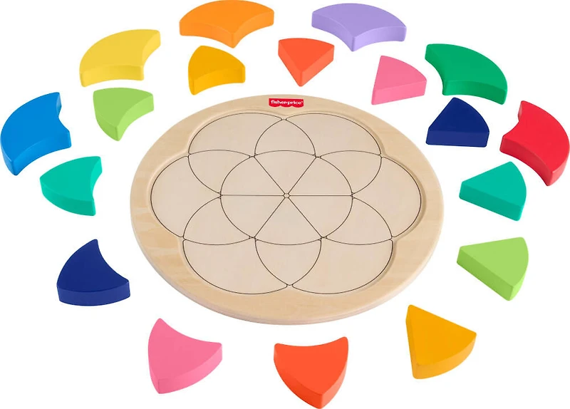 Casse-tête en bois de la roue des couleurs de Fisher-Price, jeu de tri des formes pour les enfants d'âge préscolaire, 19pièces en bois