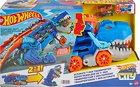 Hot Wheels City Ultimate Hauler, Transforms into a T-Rex with Race Track, Stores 20+ Cars