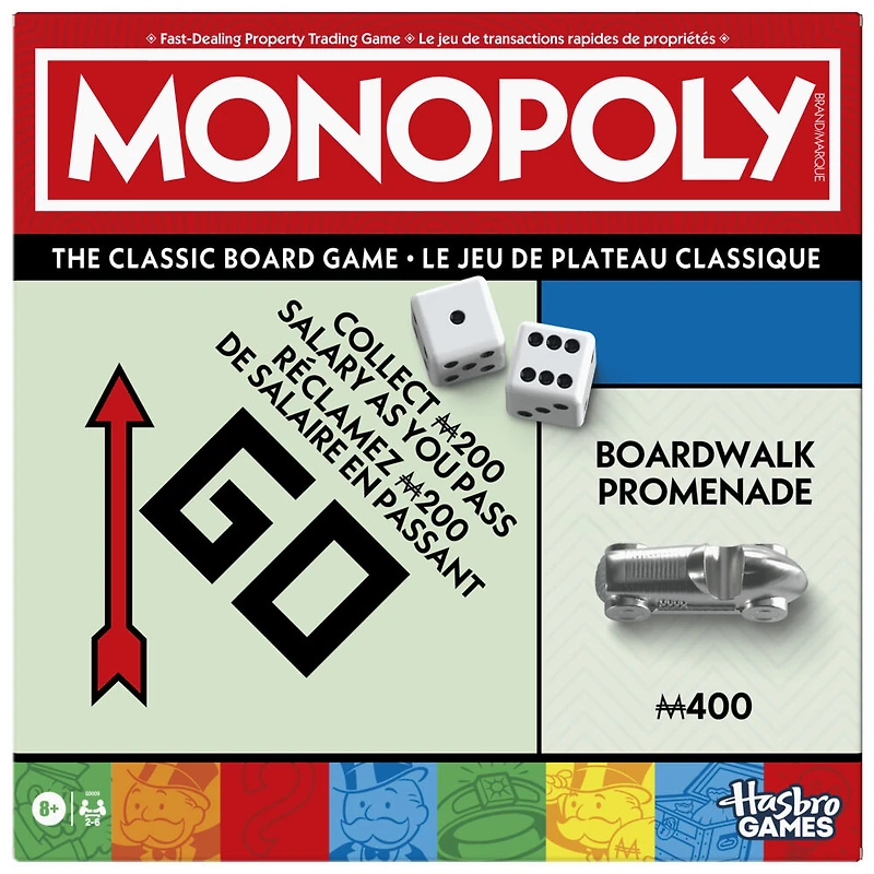 Monopoly, jeu de plateau avec boîte de rangement et pions grand format