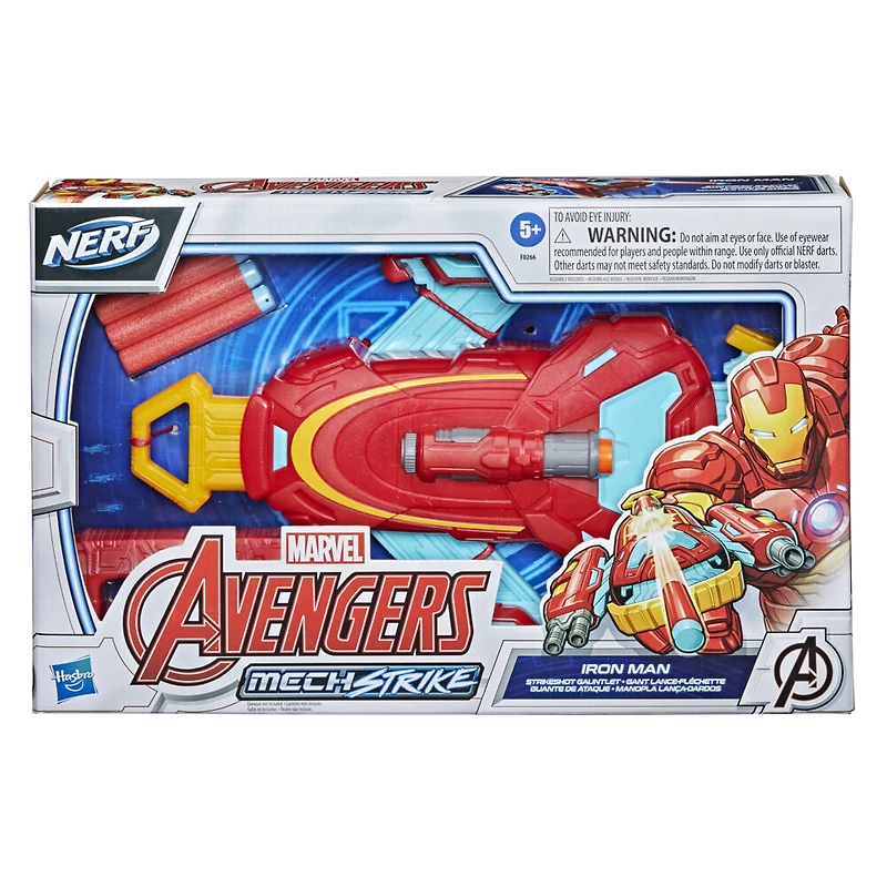 Marvel Avengers Mech Strike, Gant lance-fléchette de Iron Man, jouet de déguisement, 3 fléchettes NERF