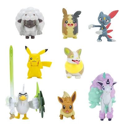 Pokémon - Multipaquet de figurines de combat - Pikachu, Évoli (Eevee), Moumouton (Wooloo), Farfuret (Sneasel), Voltoutou (Yamper), Plaritcho (Sirfetch'd), Ponyta de Galar (Galarian Ponyta) et Morpeko (mode ventre gonflé)