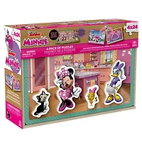 Minnie Mouse, 24-Piece Jigsaw Puzzles 4-Pack Bundle with 8 Interchangeable Minnie Mouse Character Pieces and Wooden Slide Box