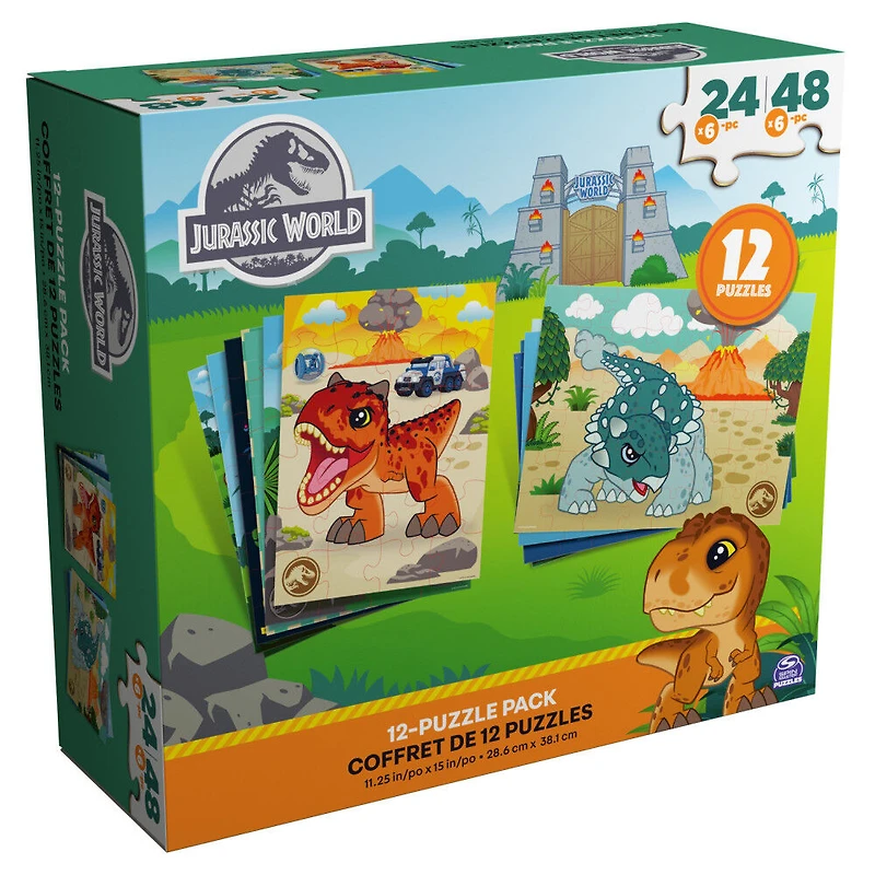Jurassic World, Coffret de 12 puzzles de 24 pièces et 48 pièces pour enfants, puzzles dinosaure