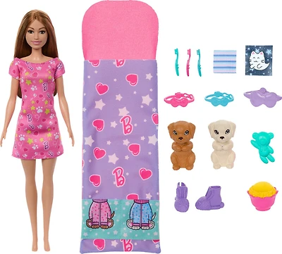 Barbie Doll & Puppy Slumber Party Playset with 2 Toy Dog Figures & 10+ Accessories, Color-Change