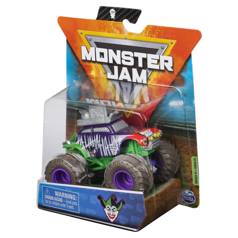 Monster Jam, Monster truck Joker officiel, véhicule en métal moulé, série Heroes and Villians Trucks, échelle 1:64