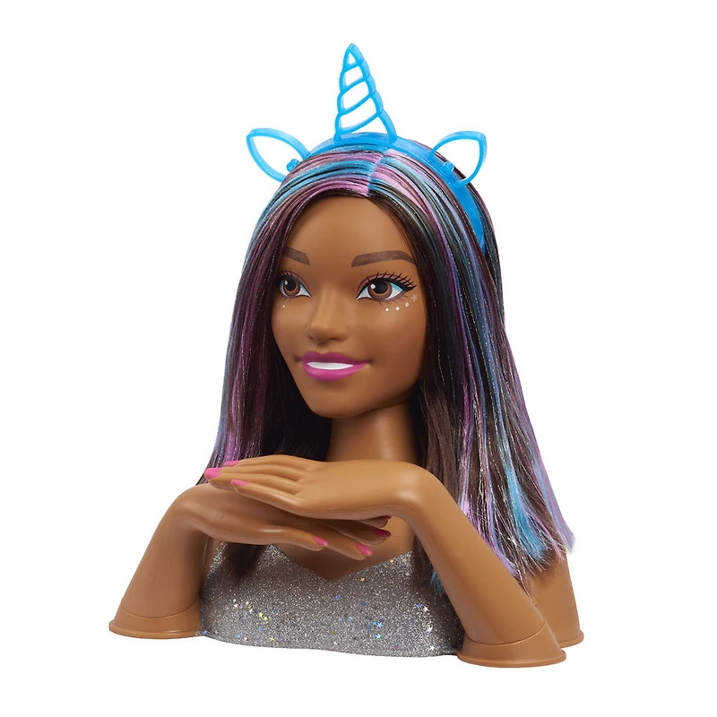 Tête de Coiffure "Paillettes et C'est Parti" Barbie De Luxe à 20 Eléments - Cheveux Bruns