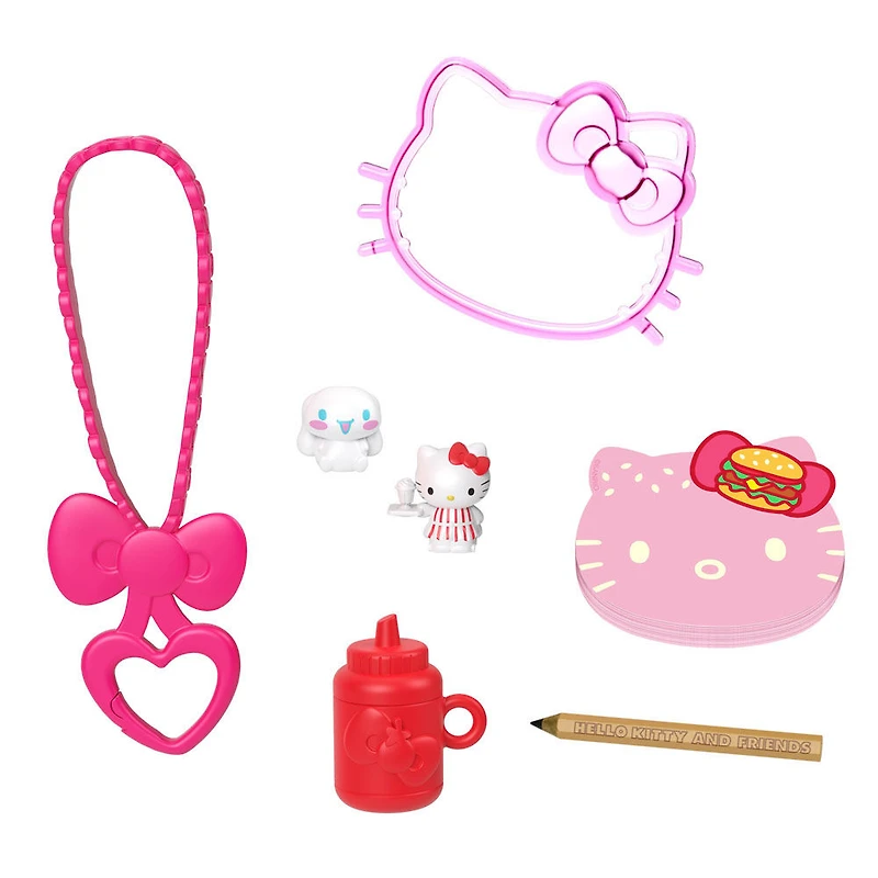 Coffret​ Burger Hello Kitty (12,5 cm) avec 2 Mini-Figurines Sanrio, Carnet de Notes et Accessoires