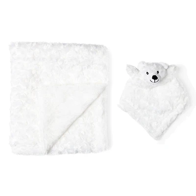 White Curly Plush Bear Blanket Set