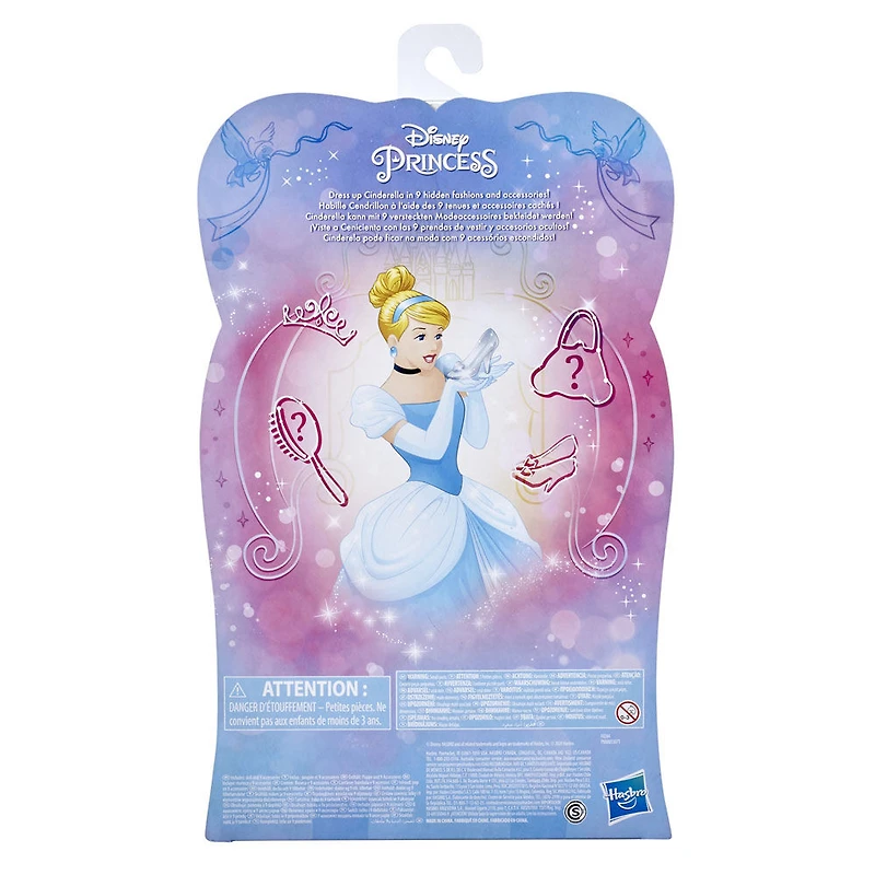 Disney Princess, Princesse et surprises, poupée mannequin Cendrillon avec 10 vêtements et accessoires, surprises cachées
